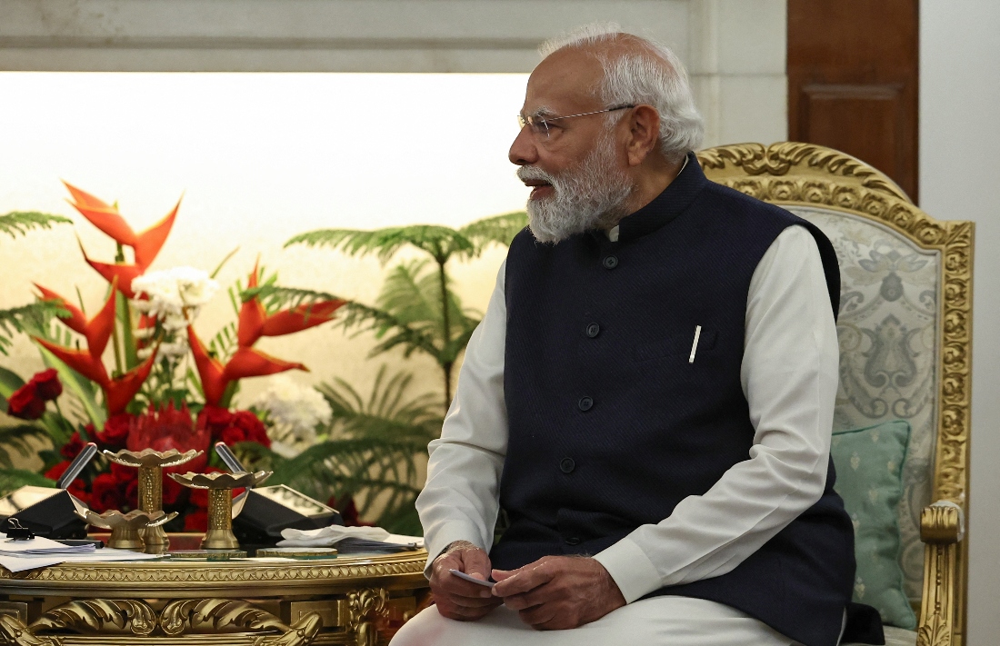 India's Prime Minister Narendra Modi attends a meeting with Russia's President at the Hyderabad House in New Delhi, India. (AFP)