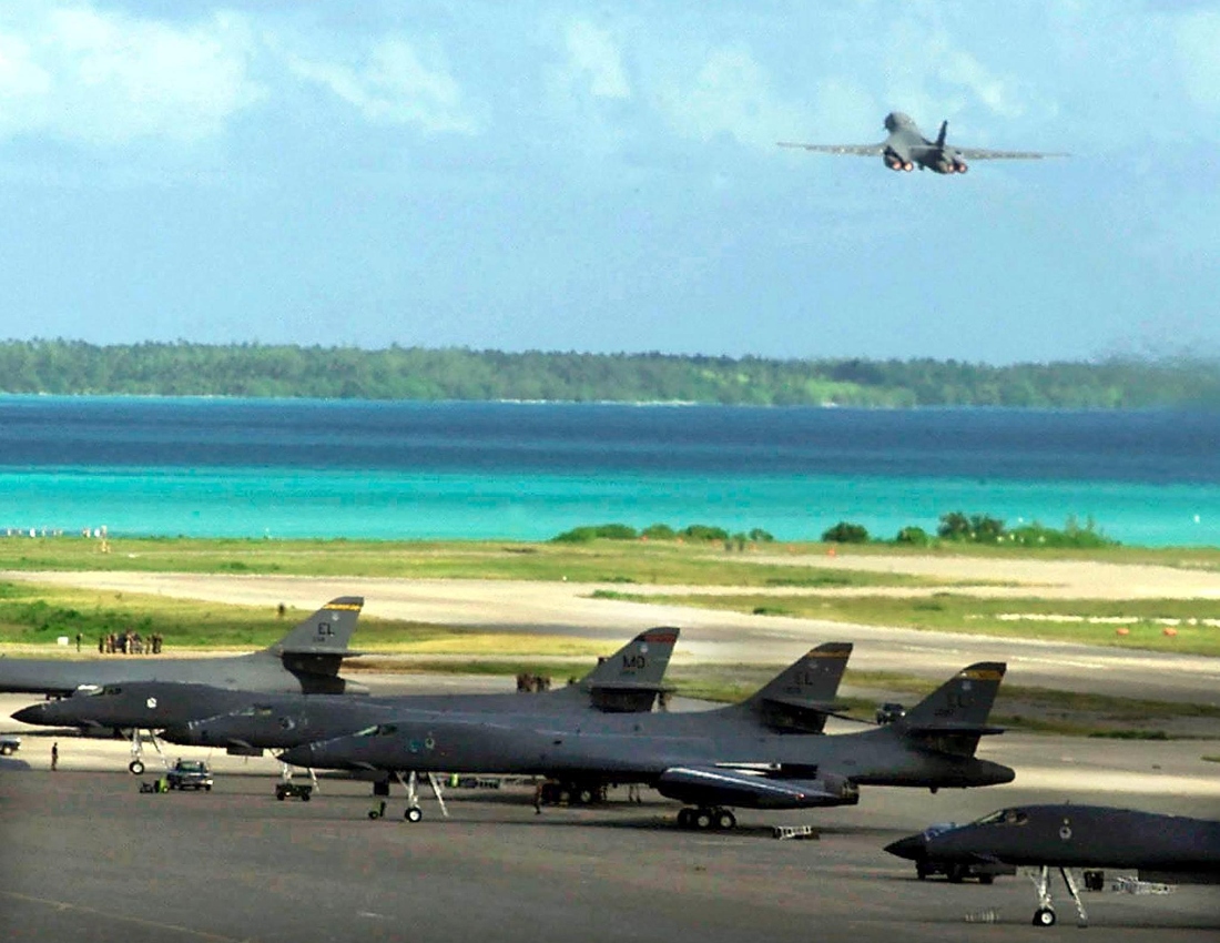 This file handout image from the US Department of Defence shows a US Air Force B-1B bomber taking off from the Diego Garcia military base.