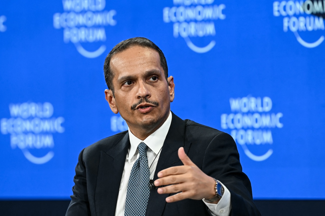 Qatar’s Prime Minister and Minister for Foreign Affairs Sheikh Mohammed bin Abdulrahman bin Jassim Al-Thani speaks during the WEF annual meeting in Davos on January 20, 2026. (AFP)