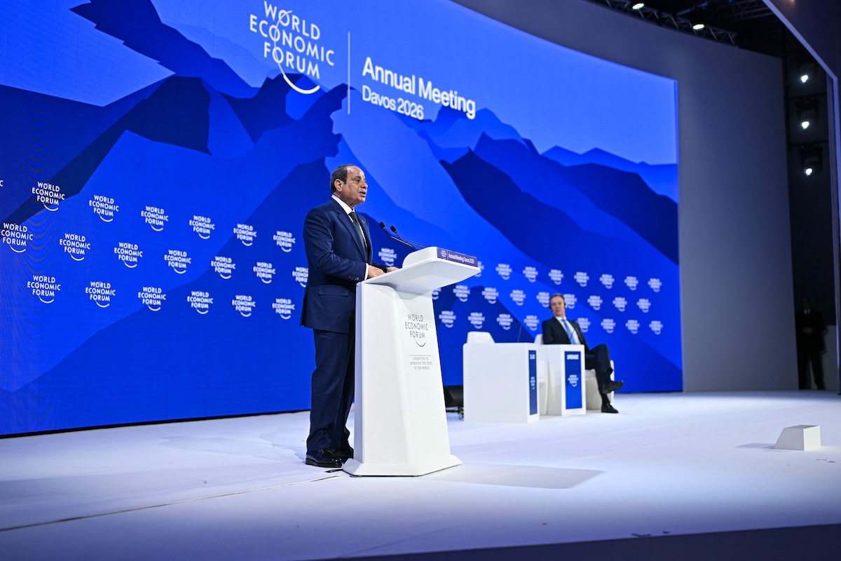 Above, Egypt’s President Abdel Fattah Al-Sisi delivers a speech during the World Economic Forum annual meeting in Davos on Jan. 21, 2026. (AFP)
