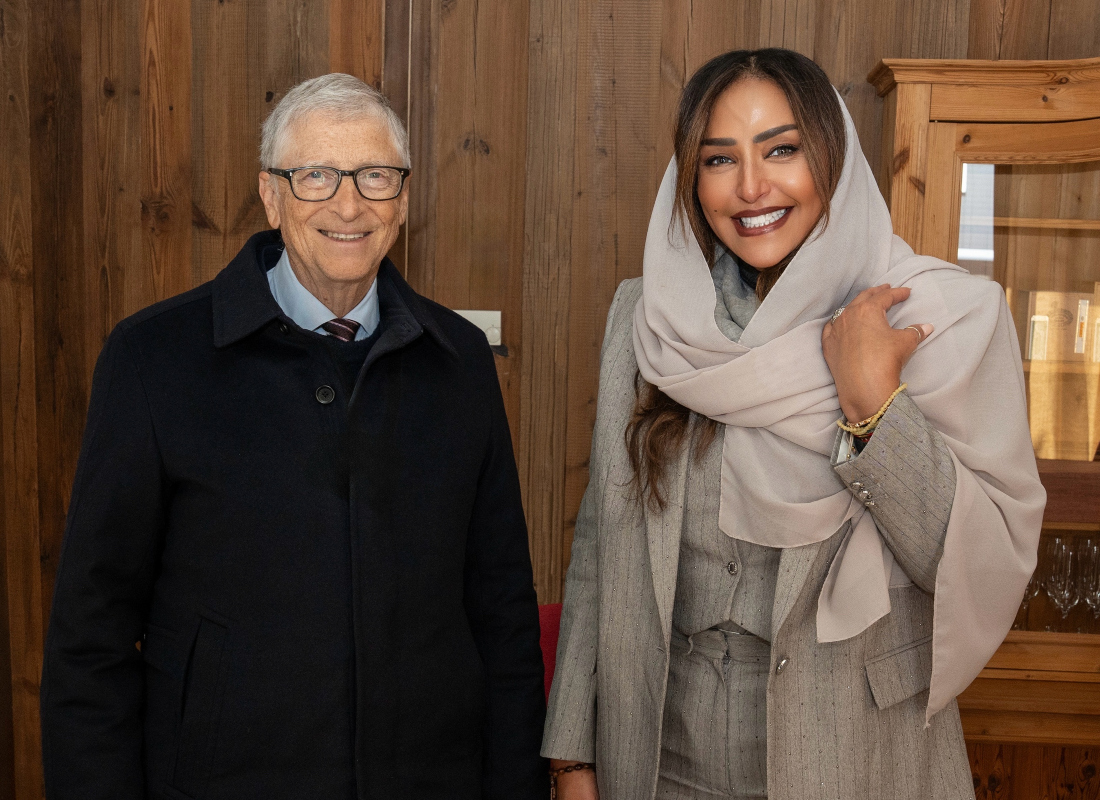 Bill Gates meets with HRH Princess Lamia Bint Majid Al Saud, Secretary General, Alwaleed Philanthropies in Davos, Switzerland to discuss the future of global health. (Supplied)