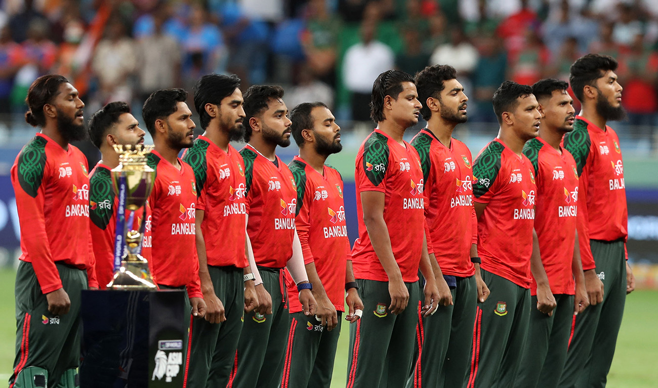General view of the trophy as the Bangladesh players line up during the national anthems before the match in Dubai International Cricket Stadium, Dubai, United Arab Emirates, on September 24, 2025. (Reuters/File)