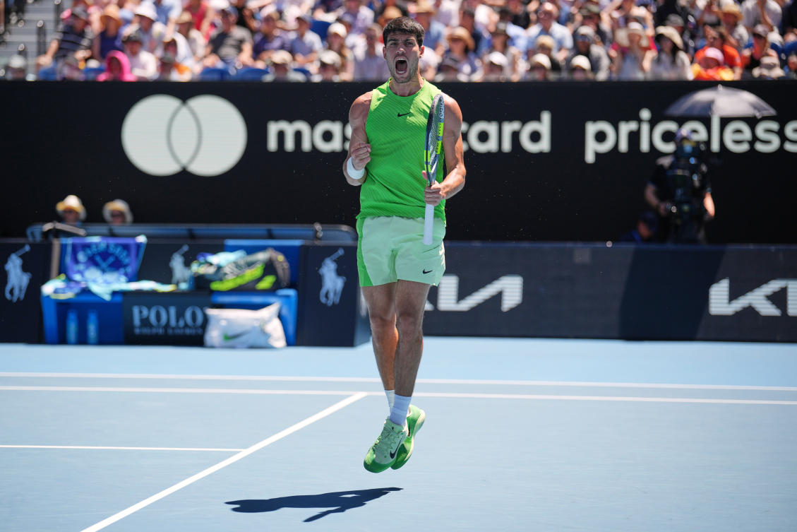Carlos Alcaraz of Spain reacts during his second round match against Yannick Hanfmann of Germany at the Australian Open tennis championship in Melbourne, Jan. 21, 2026. (AP)