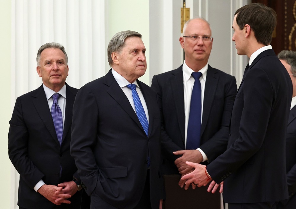 Steve Witkoff, left, Kremlin foreign policy adviser Yuri Ushakov, second left, Kirill Dmitriev, second right, and Jared Kushner. (Sputnik, Kremlin Pool Photo via AP)
