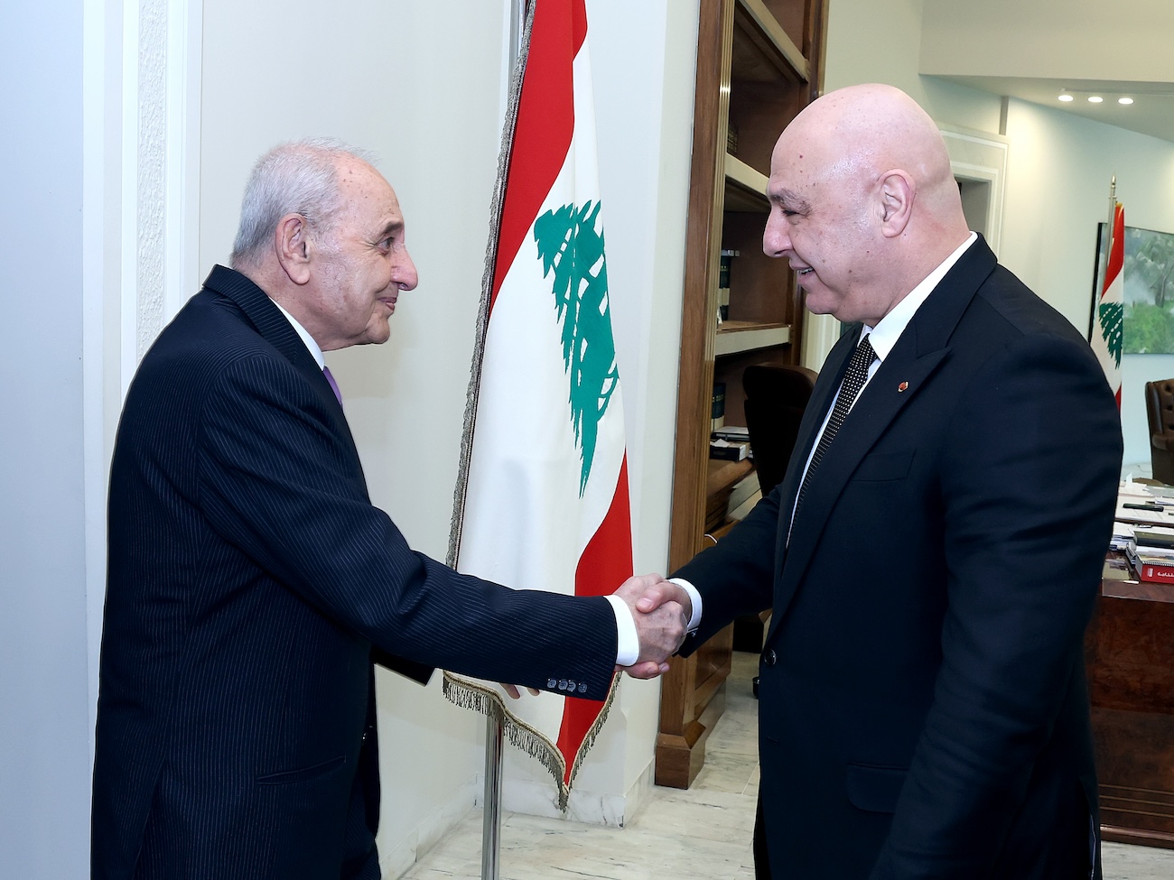 On Friday, President Joseph Aoun met with Parliament Speaker Nabih Berri to address the Israeli escalation, which this week included the bombing of residential areas north of the Litani River, displacing dozens of families. (Supplied)