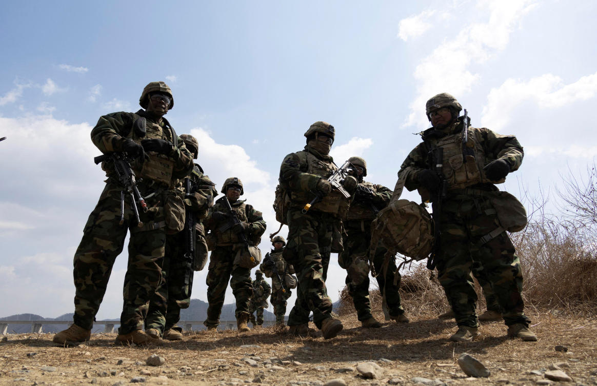 US soldiers participate in a joint river-crossing exercise with South Korean counterparts in Yeoncheon, Gyeonggi province on March 20, 2024. (Reuters)
