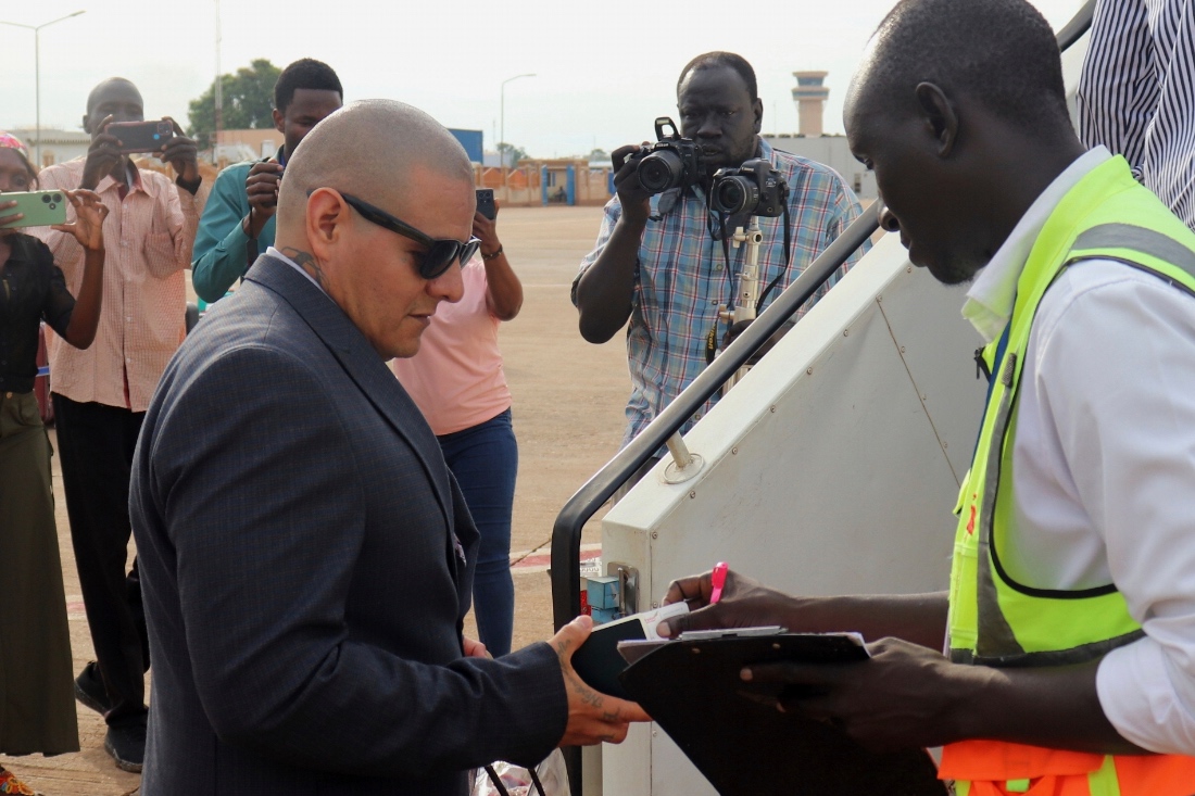 Jesus Munoz Gutierrez, a Mexican migrant deported months ago to South Sudan by the US, is repatriated to his home country at Juba Airport in South Sudan. (AP)