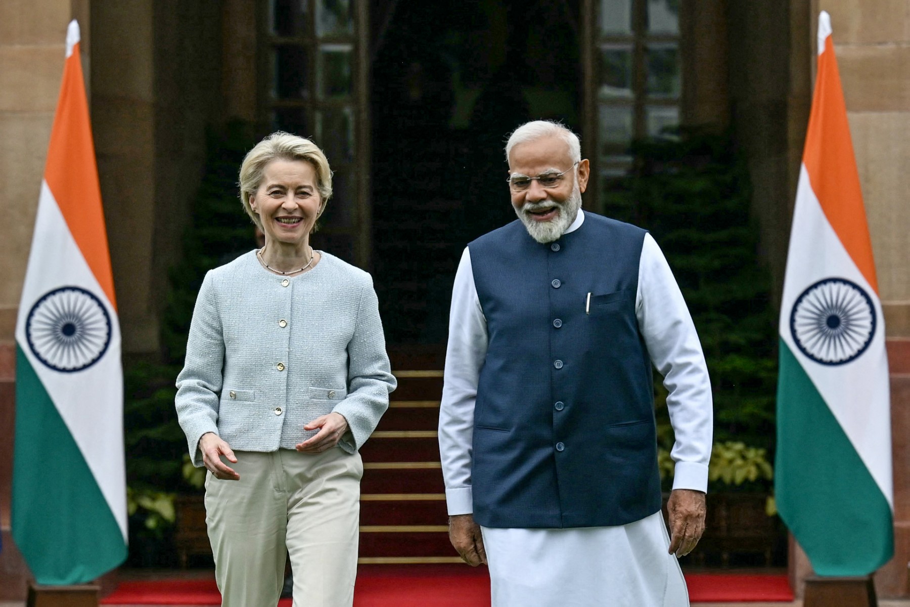European Commission President Ursula von der Leyen speaks with India's Prime Minister Narendra Modi before their meeting at the Hyderabad House in New Delhi on Feb. 28, 2025. (AFP/File)