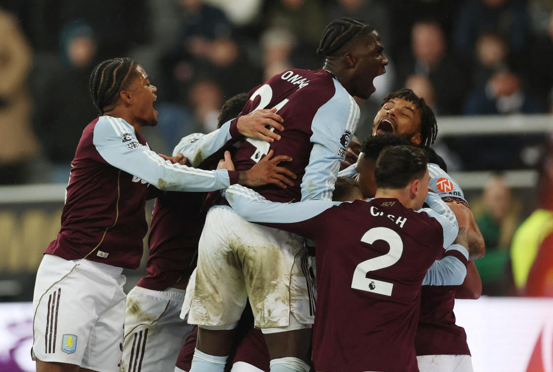 Aston Villa’s Ollie Watkins celebrates scoring their second goal with teammates on the way to victory over Newcastle United in the Premier League. (Action Images via Reuters)