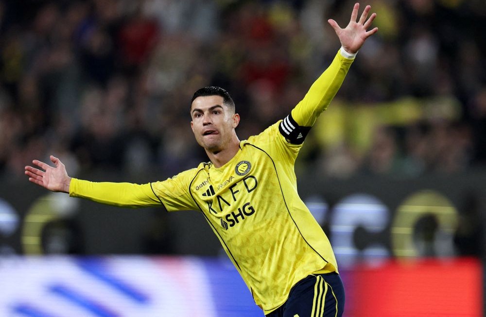 Al-Nassr’s Cristiano Ronaldo celebrates a goal scored by Mohamed Simakan, against Al-Taawoun, that was later disallowed by VAR, Al-Awwal Park, Riyadh, Saudi Arabia, Jan. 26, 2026. (Reuters)
