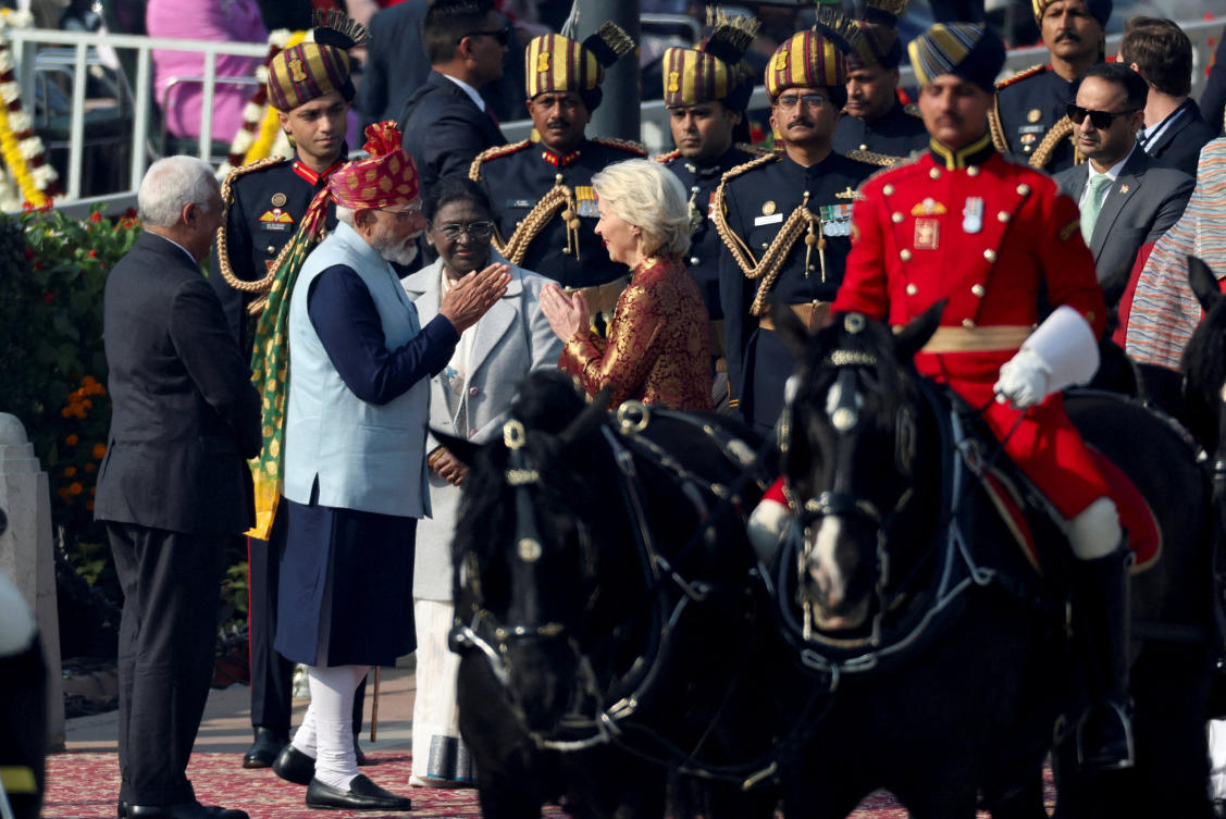 India's Prime Minister Narendra Modi greets European Commission President Ursula von der Leyen as she arrives to attend the Republic Day parade in New Delhi on Monday. (Reuters)