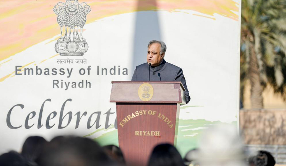 Indian Ambassador Dr. Suhel Ajaz Khan speaks at the 77th Republic Day event in Riyadh on Monday. (X: @IndianEmbRiyadh)
