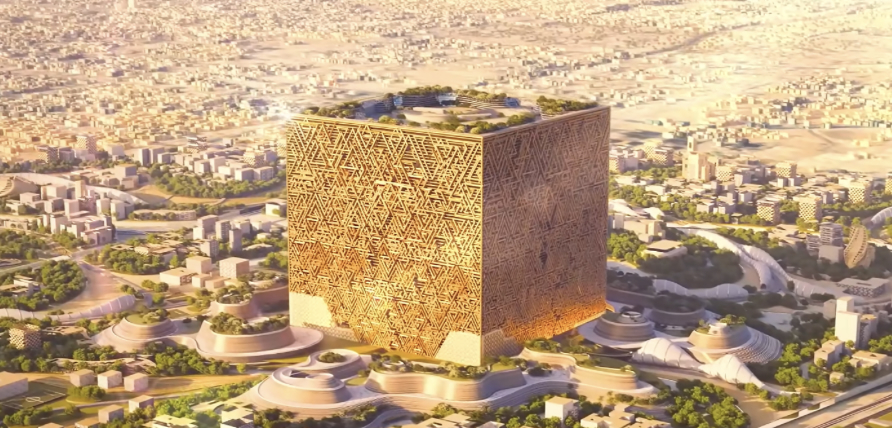 The Mukaab was planned as a 400-meter by 400-meter metal cube containing a dome with an AI-powered display, the largest on the planet, that visitors could observe from a more than 300-metre-tall ziggurat — or terraced structure —inside it. File
