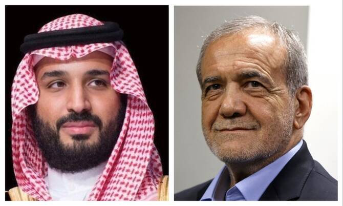 Saudi Crown Prince Mohammed bin Salman and Iranian President Masoud Pezeshkian. (File/SPA/AFP)