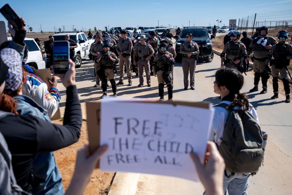 Texas State Troopers prepare to disperse a crowd protesting Immigration and Customs Enforcement outside the South Texas Family Residential Center on January 28, 2026 in Dilley, Texas. (AFP)
