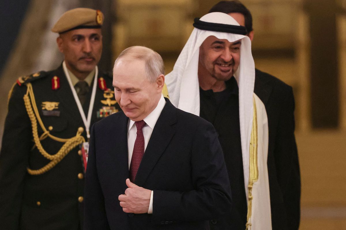 Russian President Vladimir Putin and UAE President Sheikh Mohamed bin Zayed Al-Nahyan meeting at the Kremlin in Moscow on Thursday. (AFP)