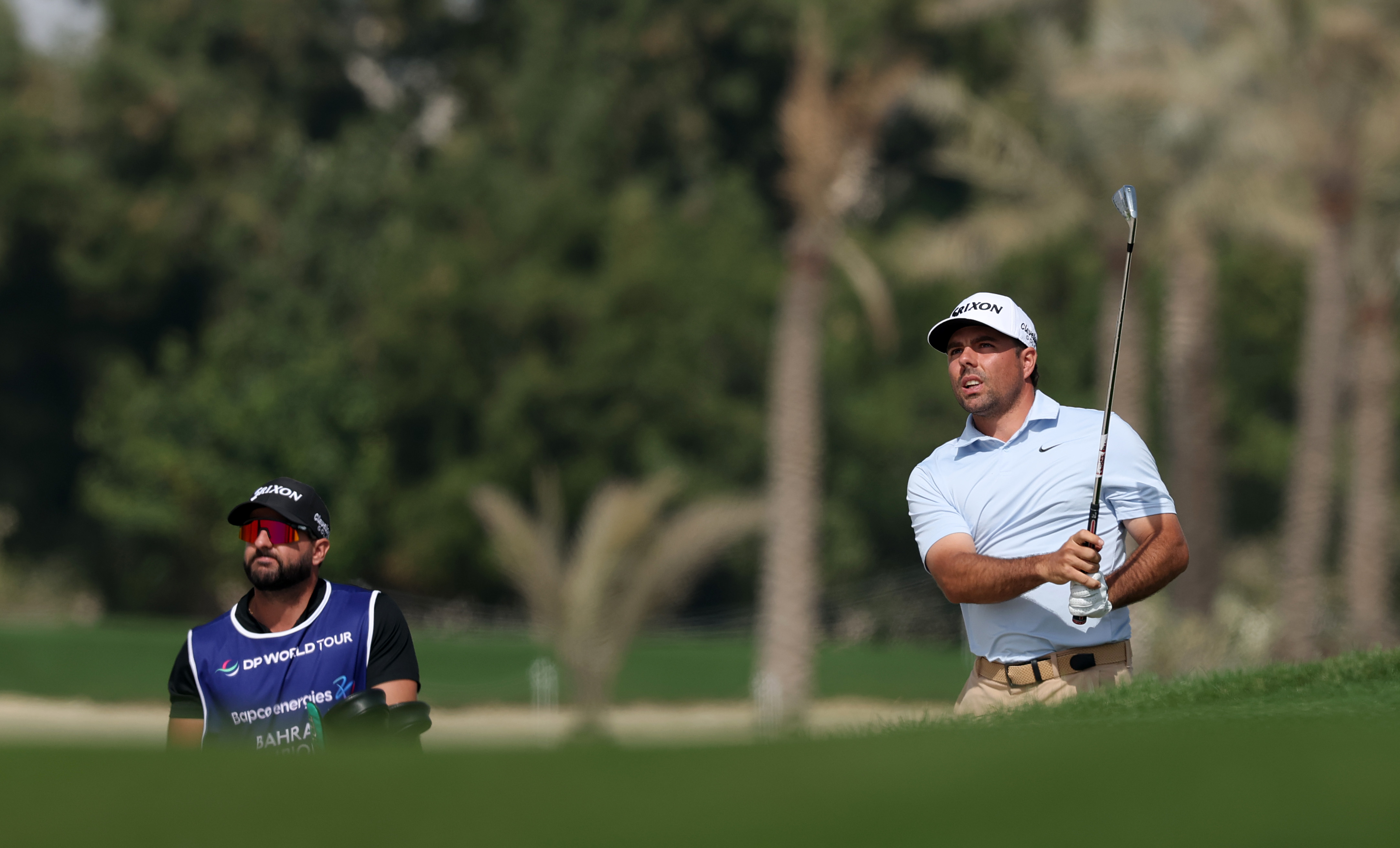 Alejandro Del Rey of Spain looks on following his second shot on the 18th hole on day one of the Bahrain Championship 2026 at Royal Golf Club on Jan. 29. (Getty Images Europe)