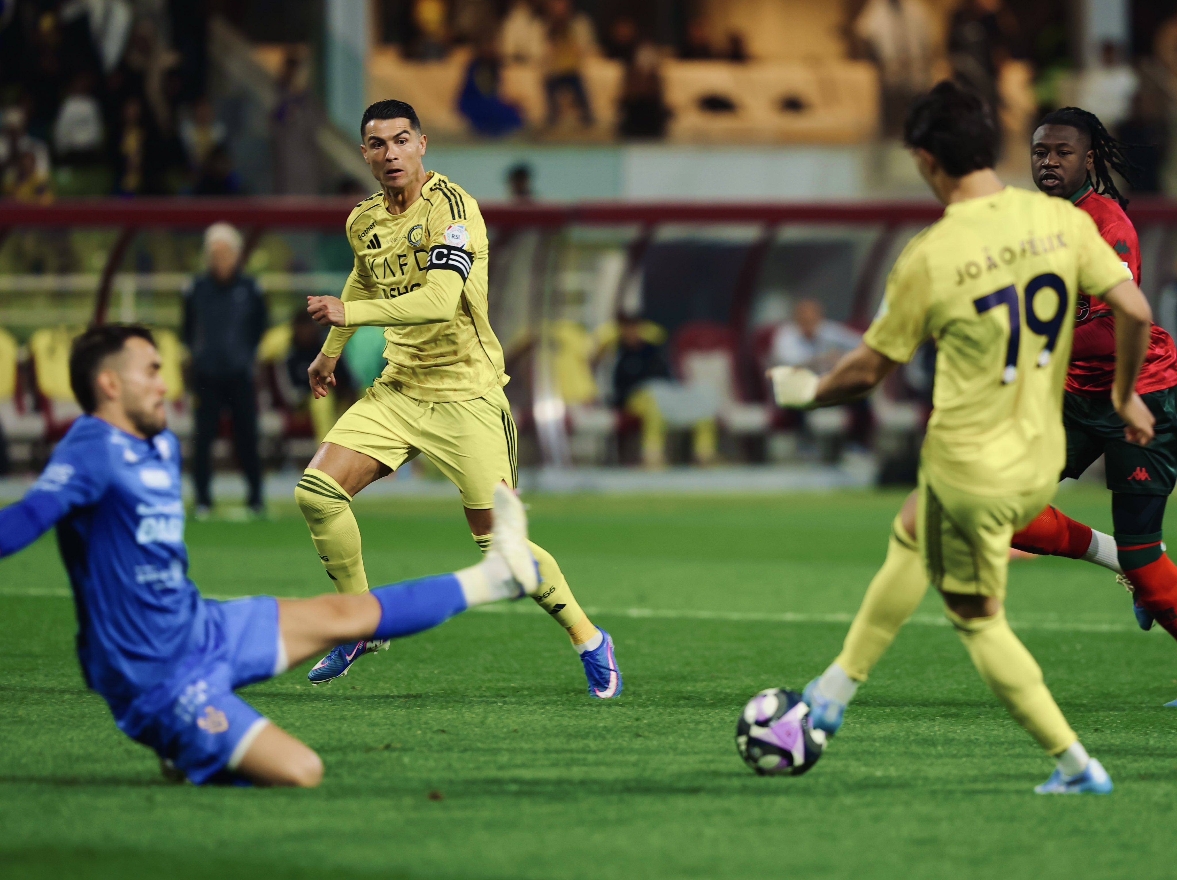 Joao Felix sets up Cristiano Ronaldo for the opning oal in Al-Nassr's 3-0 win at Al-Kholood. (X/@AlNassrFC)