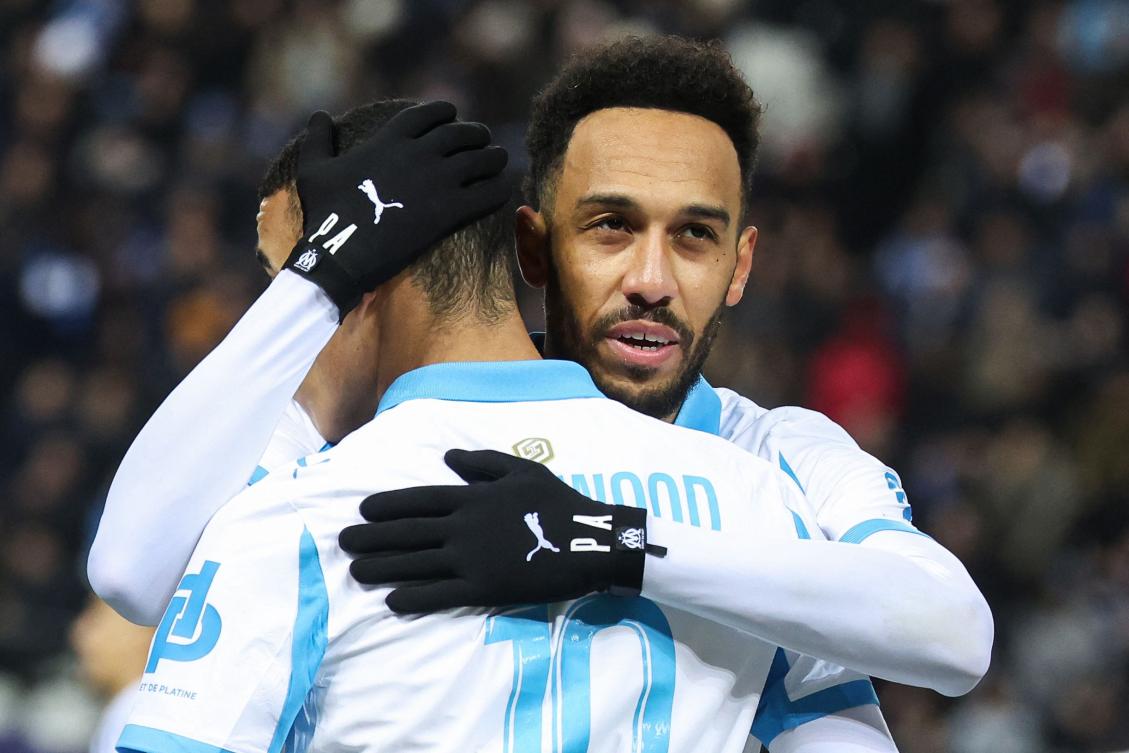 Marseille’s Gabonese forward Pierre-Emerick Aubameyang celebrates scoring his team’s second goal with Mason Greenwood during their French L1 match against Paris FC at the Stade Jean-Bouin in Paris on Jan. 31, 2026. (AFP)