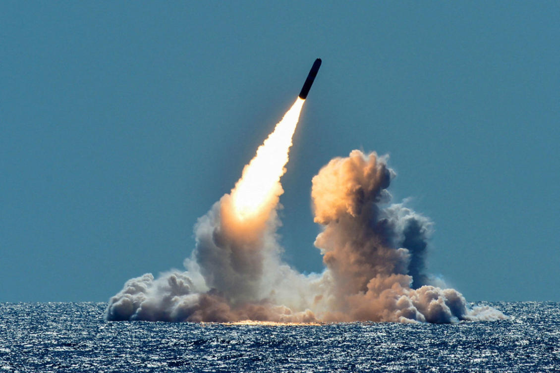 An unarmed Trident II D5 missile is test-launched from the Ohio-class US Navy ballistic missile submarine USS Nebraska off the coast of California, on March 26, 2018. (US Navy/Handout via REUTERS)
