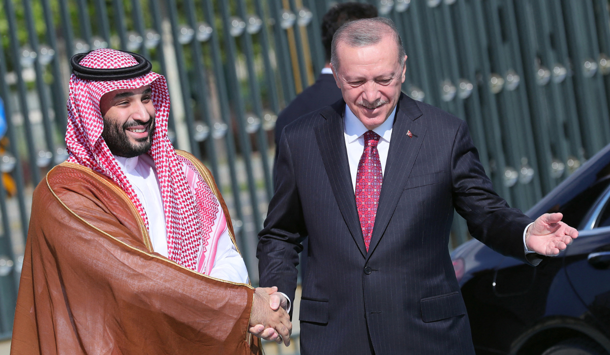 Turkey's President Recep Tayyip Erdogan (R) welcoming Crown Prince of Saudi Arabia Mohammed bin Salman (L) in Ankara. (AFP)