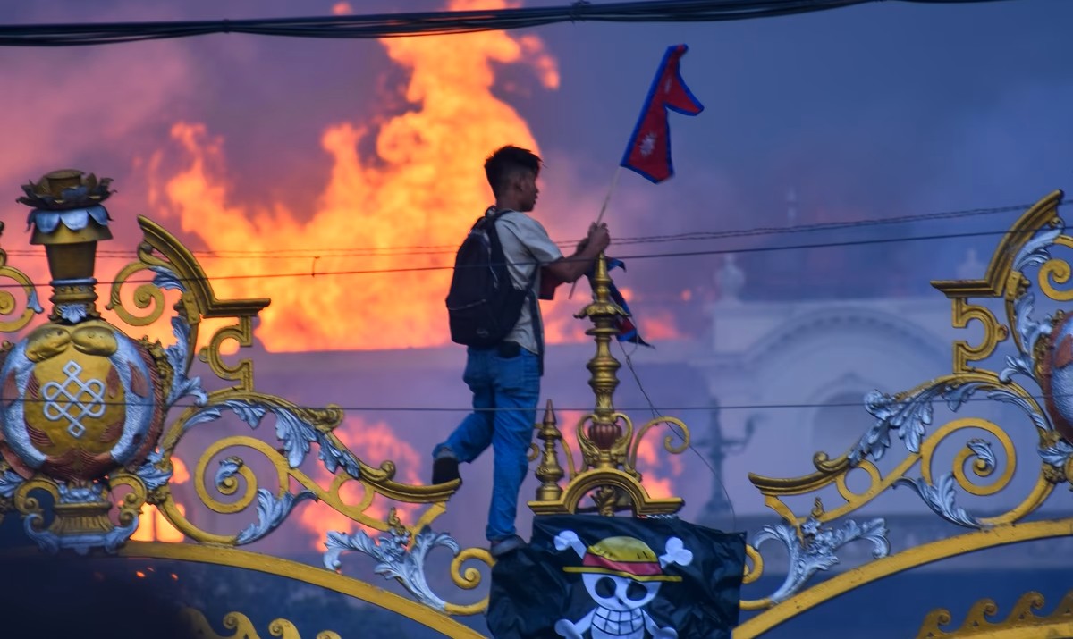 Smoke and flames rise from the Singha Durbar, the seat of Nepal’s government, in Kathmandu, Nepal, Sept. 9, 2025. (Getty Images)