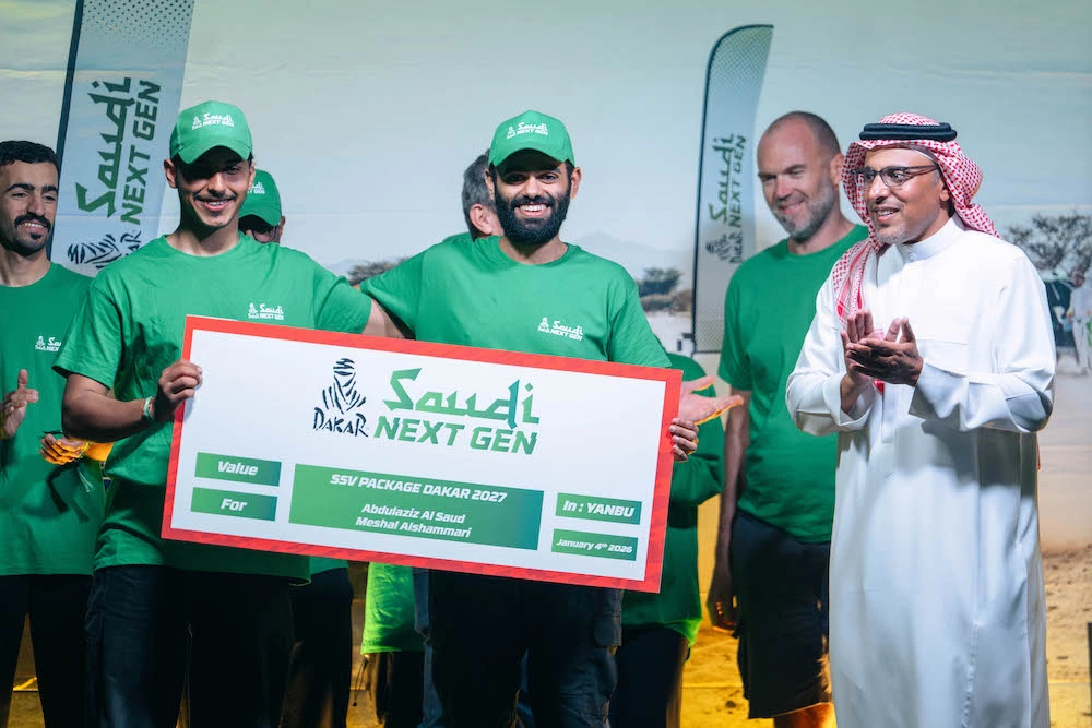 Prince Abdulaziz bin Saud Al-Saud and Meshal Khalaf Al-Shammari were announced as the winners of the second season of the Saudi Next Gen program on Sunday, officially qualifying them to compete as driver and navigator in next year’s edition of the Dakar Rally. (Supplied/SAMF)