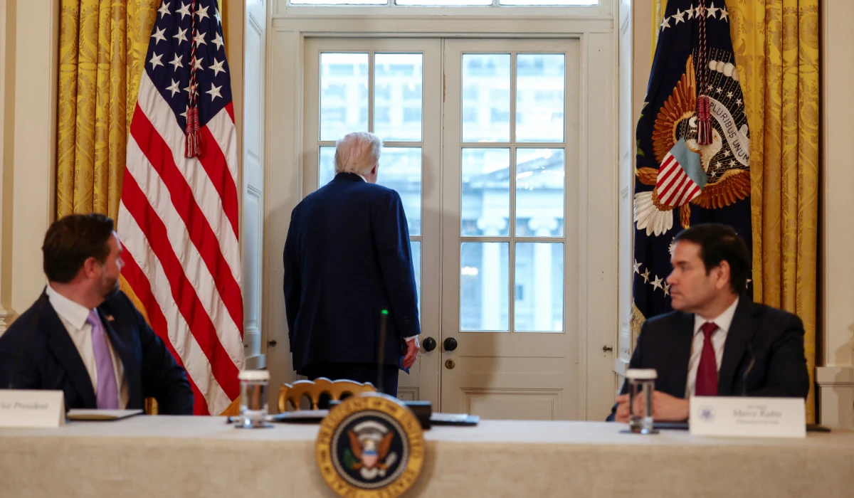 U.S. President Donald Trump looks towards the site of the demolished East Wing of the White House, the future sight of Trump's ballroom, as he attends a meeting with oil industry executives, at the White House in Washington, D.C., U.S., January 9, 2026. (REUTERS)