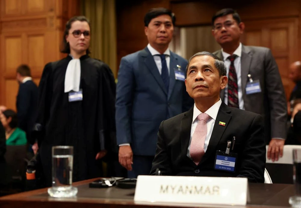 Myanmar Minister of International Cooperation Ko Ko Hlaing sits in the courtroom as the International Court of Justice starts hearings in a landmark case brought by Gambia, which accuses Myanmar of committing genocide against the Rohingya, The Hague, Netherlands, Jan. 12, 2026. (Reuters)