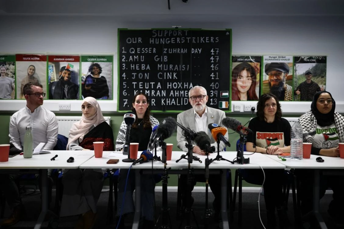 Supporters of hunger-striking prisoners being held on remand charged with offences related to activism on behalf of Palestine Action, doctor James Smith, Teuta Hoxha's sister Rahma Hoxha, Qesser Zuhran's designated next of kin Ella Moulsdale, MP Jeremy Corbyn, Prisoners for Palestine's Francesca Nadin and Kamran Ahmed's sister Shahmina Alam attend a press conference in London on December 18, 2025. (File/AFP)