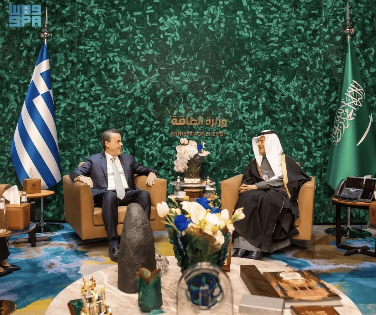 Prince Abdulaziz bin Salman with Greece’s Minister of Environment and Energy, Stavros Papastavrou. SPA