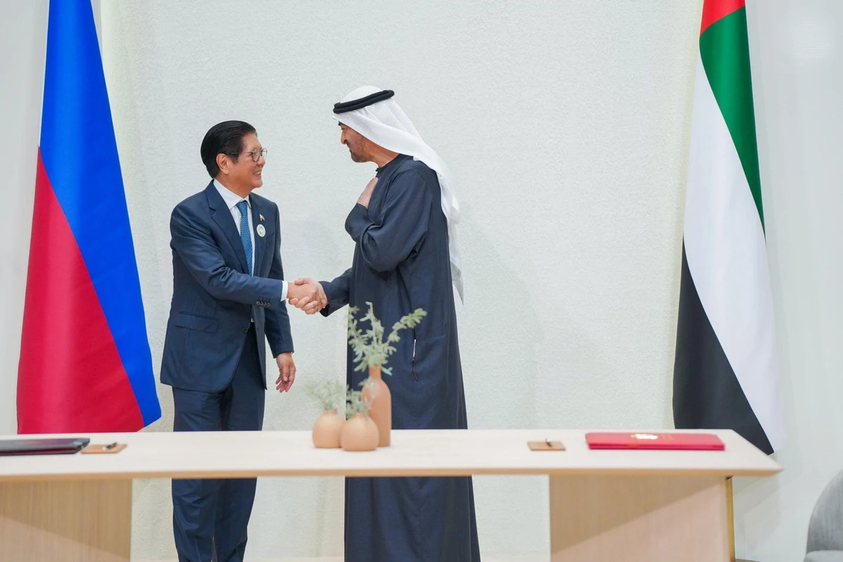 Philippine President Ferdinand R. Marcos Jr. and UAE President Sheikh Mohamed bin Zayed shake hands during a signing ceremony in Abu Dhabi on Jan. 13, 2026. (Presidential Communications Office)