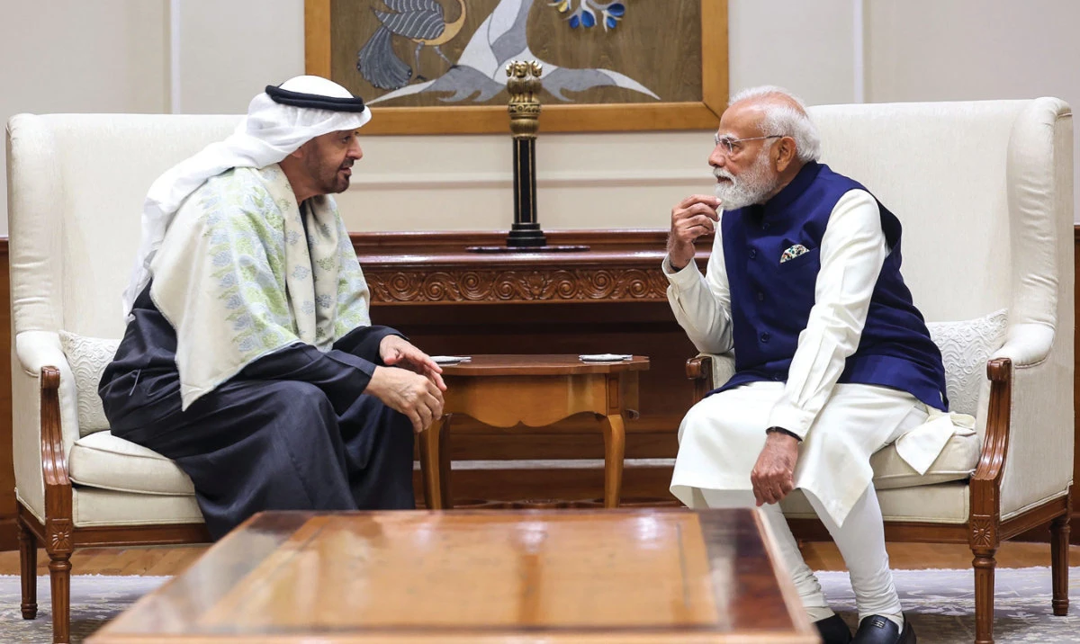 UAE President Sheikh Mohamed bin Zayed Al-Nahyan speaking with India’s Prime Minister Narendra Modi during their meeting in New Delhi. (AFP)