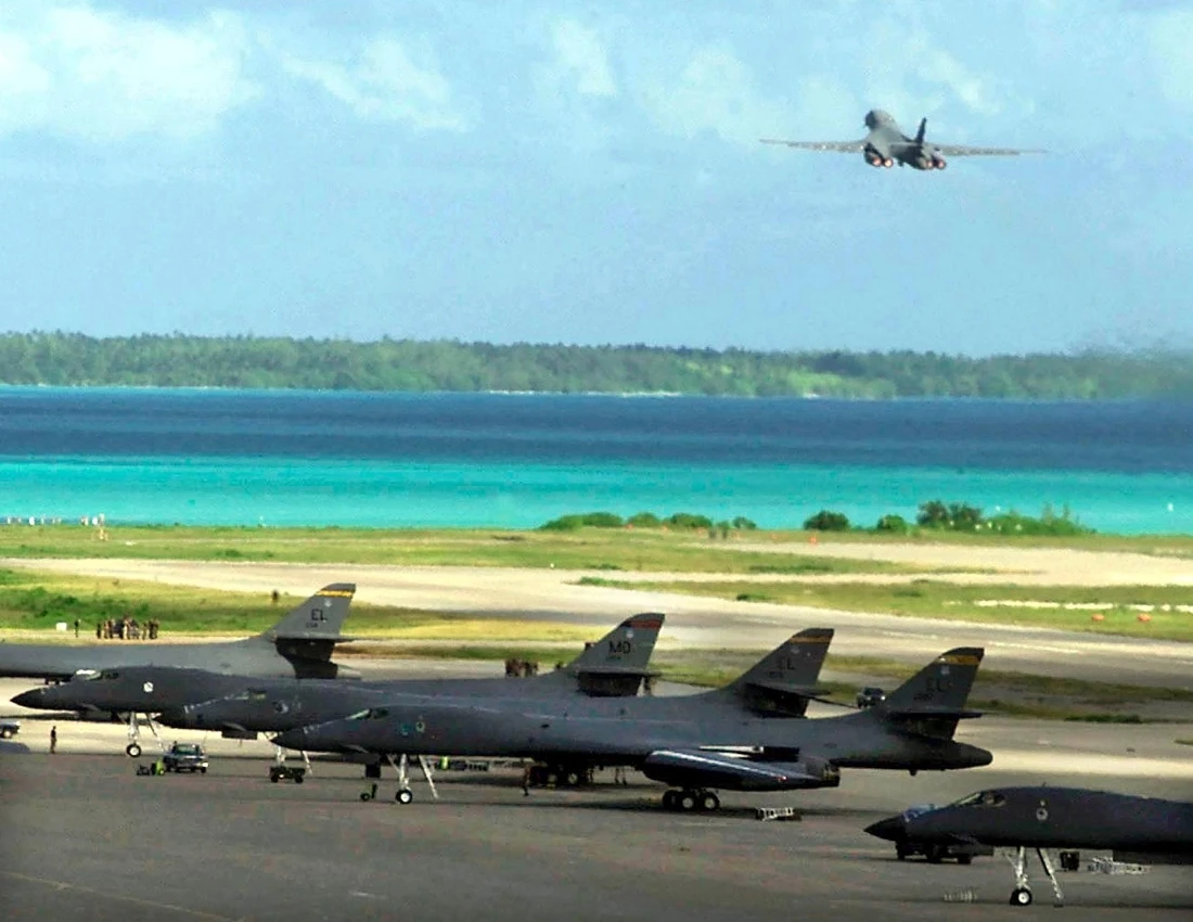 This file handout image from the US Department of Defence shows a US Air Force B-1B bomber taking off from the Diego Garcia military base.