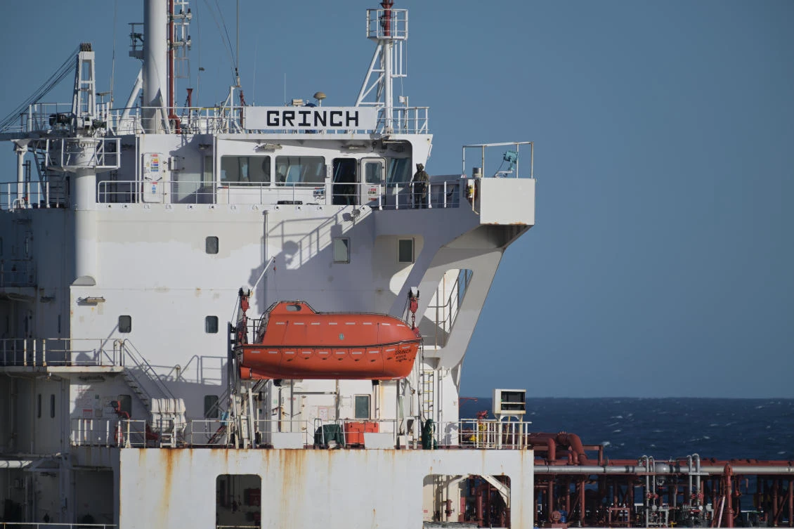 In this photo, provided by the French Army on Jan. 22, 2026, an oil tanker in the Mediterranean Sea that traveled from Russia, is pictured after being intercepted by France’s Navy. (AP)
