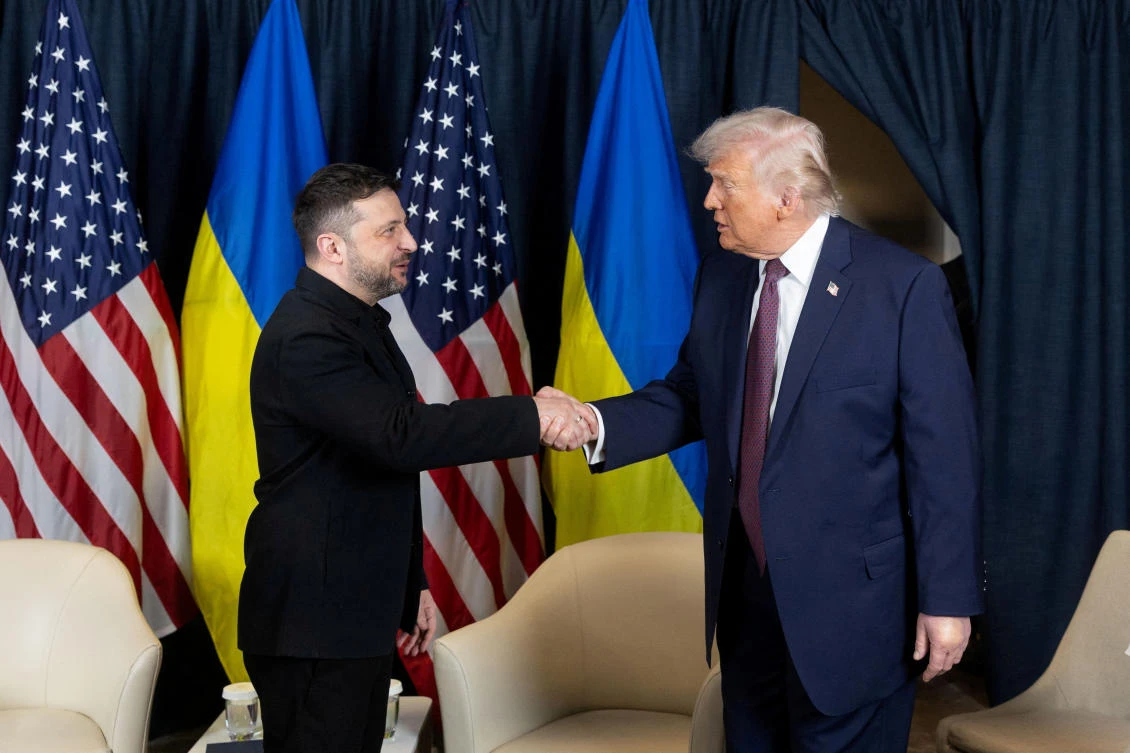 Ukraine’s President Volodymyr Zelensky and President Donald Trump shake hands during their meeting at the sidelines of the World Economic Forum in Davos. (Via Reuters)