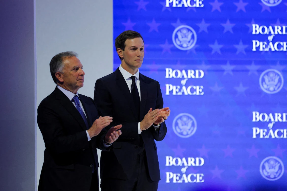 FILE PHOTO: US President Donald Trump’s son-in-law, Jared Kushner, and US Special Envoy Steve Witkoff take part in a charter announcement for US President Donald Trump’s Board of Peace initiative aimed at resolving global conflicts, alongside the 56th annual World Economic Forum (WEF), in Davos, Switzerland, January 22, 2026. (Reuters)