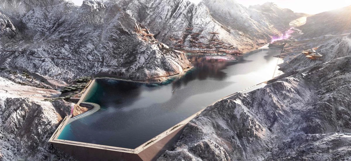Above, a handout shows a view of the design plan for Trojena, an area in Saudi Arabia’s planned megacity of NEOM chosen to host the 2029 Asian Winter Games. (NEOM/AFP)