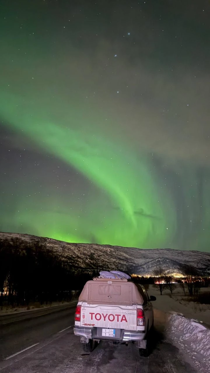 Malik Al-Sultan set out from Riyadh in a modified Toyota Hilux, crossing Europe by road to reach northern Norway, where he witnessed the Northern Lights. (Supplied/Malik Al-Sultan)