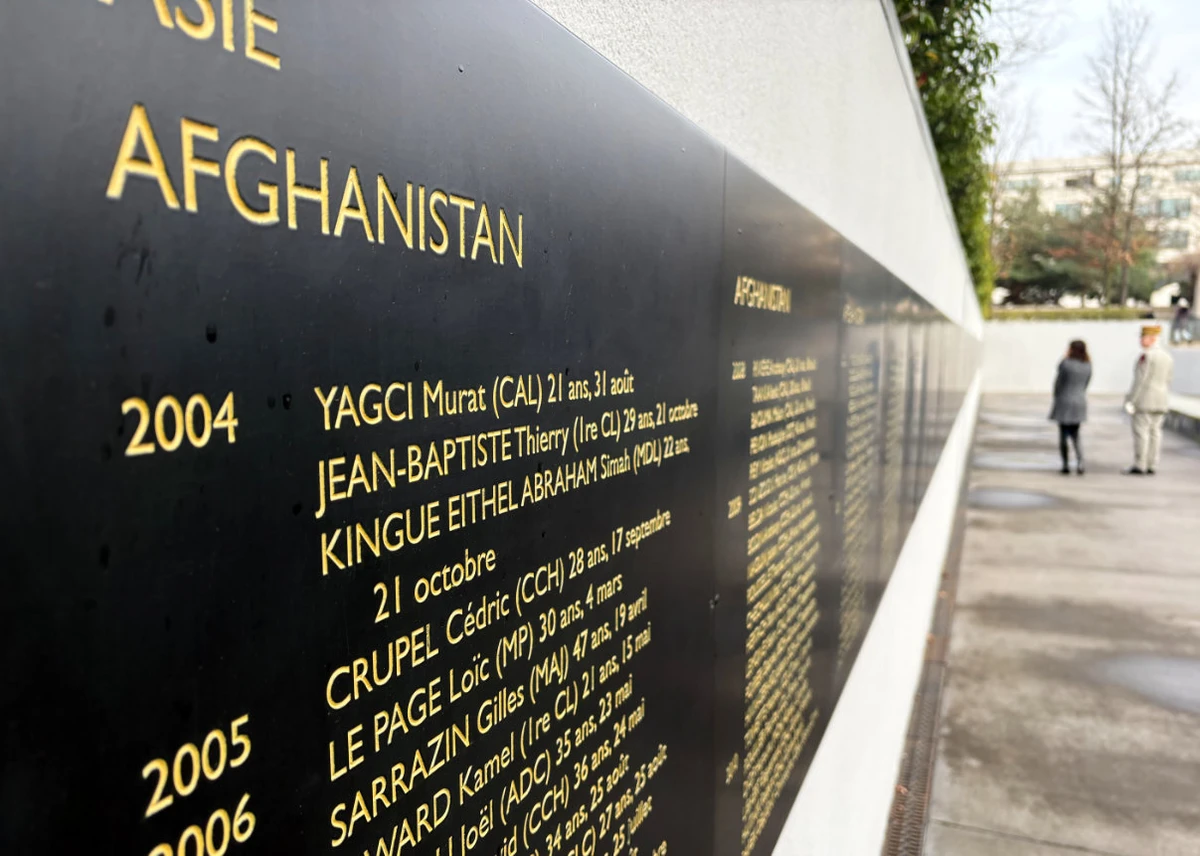The names of French troops killed in NATO operations in Afghanistan, where they fought with US and other allied forces, are displayed Monday, Jan. 26, 2026, at a memorial in Paris to French troops killed in operations overseas. (AP)