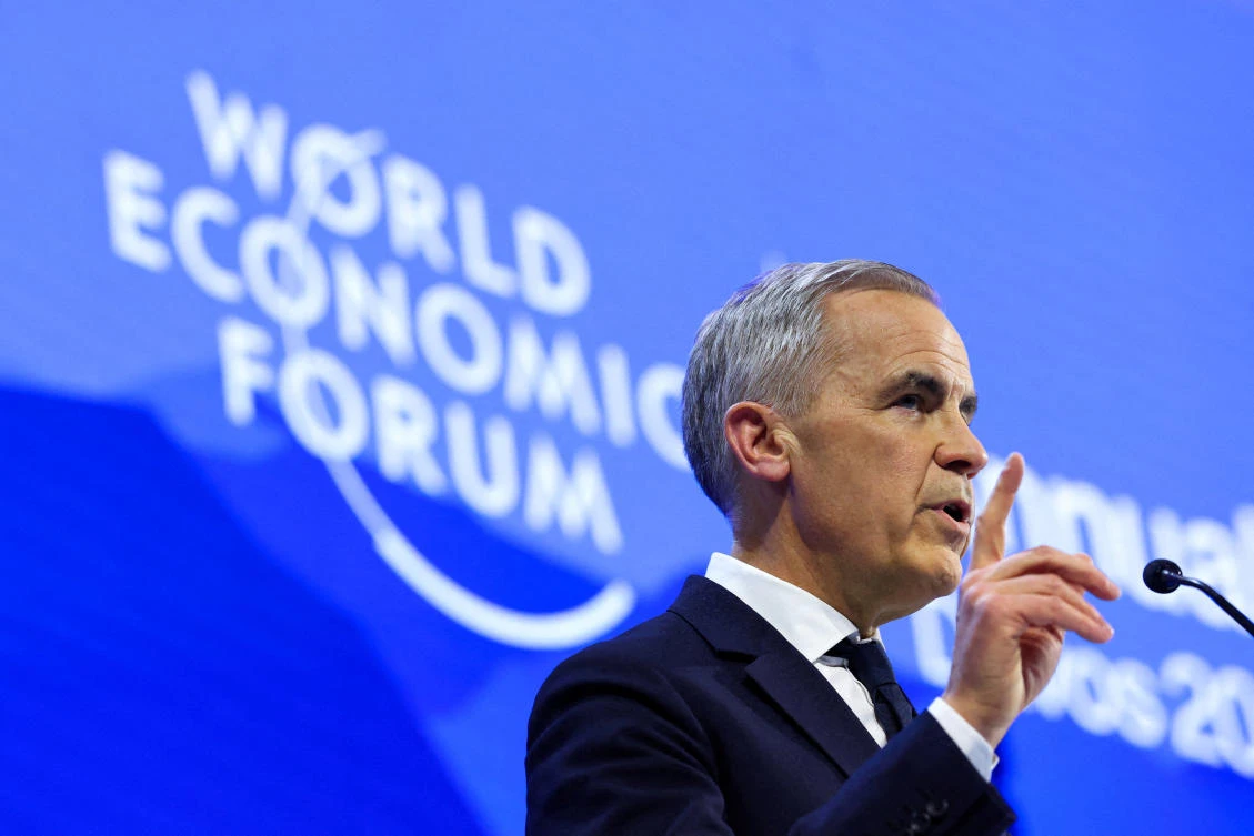 Canada’s Prime Minister Mark Carney speaks during the 56th annual World Economic Forum meeting in Davos, Switzerland, Jan. 20, 2026. (Reuters / Denis Balibouse)