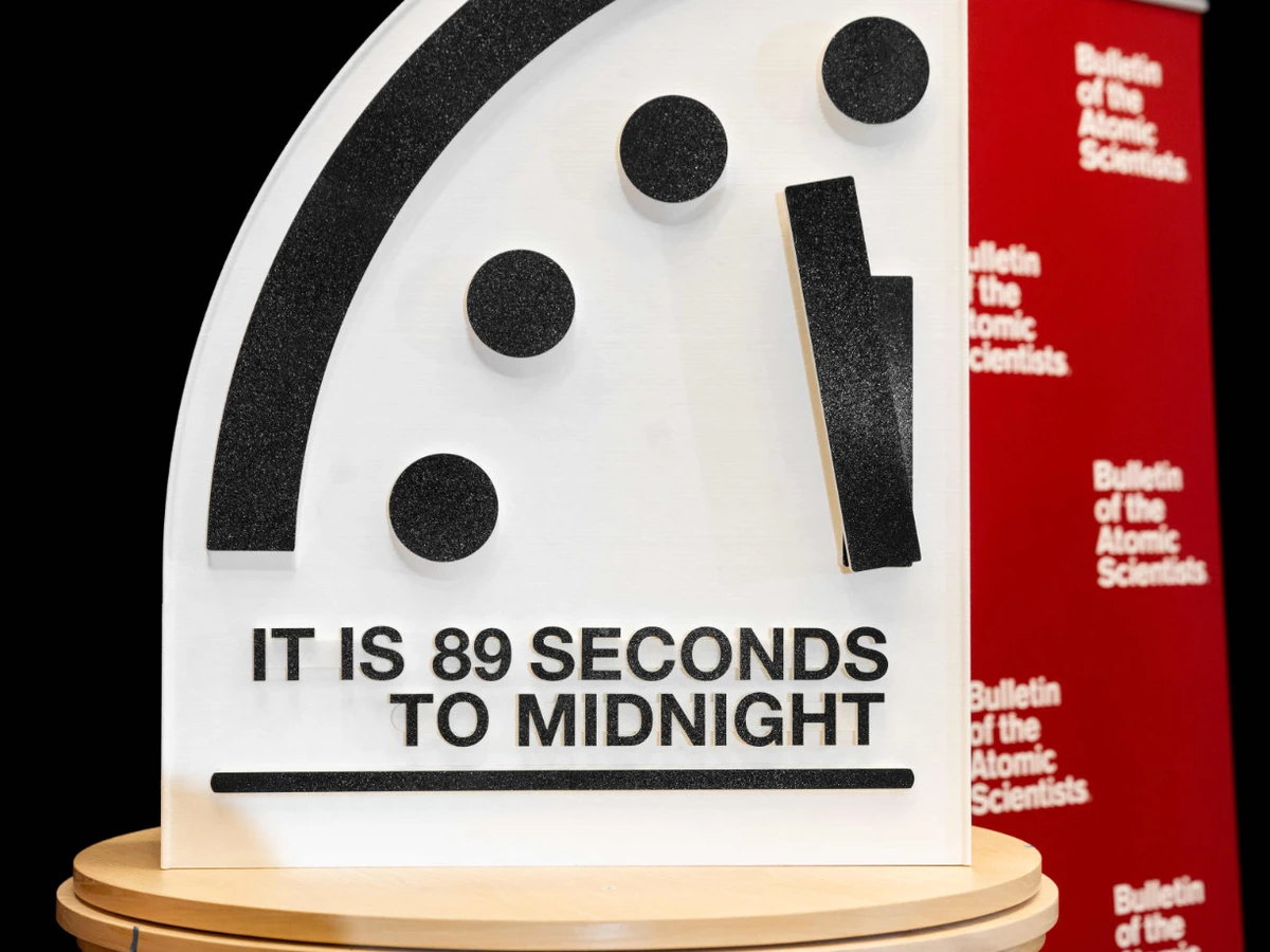 The ‘Doomsday Clock’ is set to 89 seconds to midnight on Jan. 28, 2025 in Washington, DC. The Bulletin of the Atomic Scientist members had an initial demonstration on Friday and then announced their results on Tuesday. (AFP)