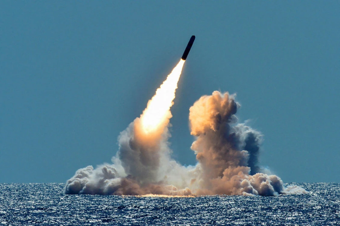 An unarmed Trident II D5 missile is test-launched from the Ohio-class US Navy ballistic missile submarine USS Nebraska off the coast of California, on March 26, 2018. (US Navy/Handout via REUTERS)