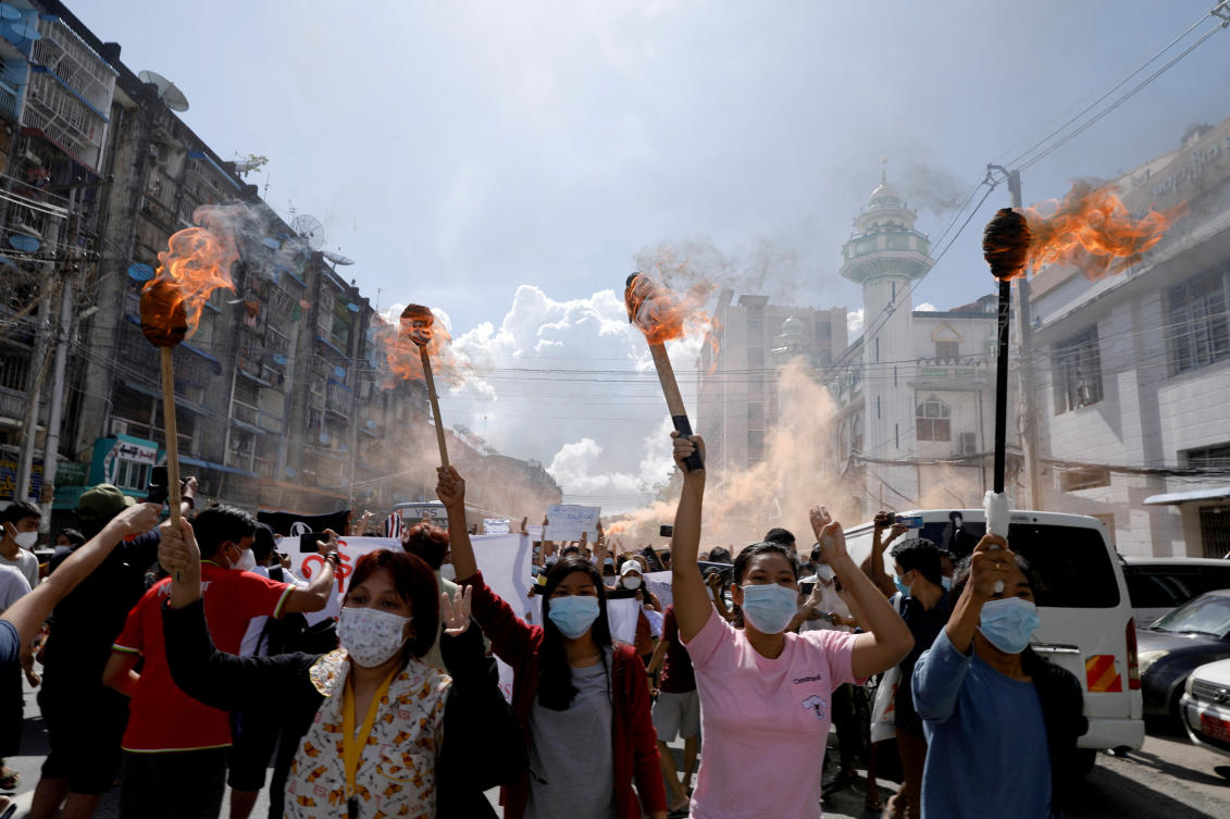 After the coup tens of thousands of striking public workers joined the “Civil Disobedience Movement” in protest; the junta responded with a crackdown on demonstrators. (Reuters)