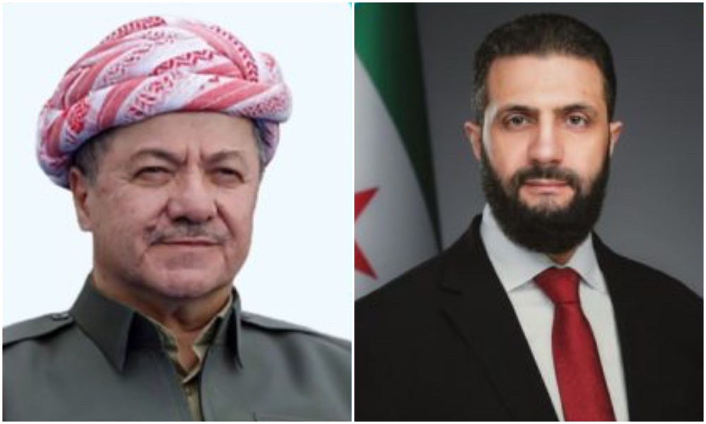 President of the Syrian Arab Republic Ahmad Al-Sharaa and Kurdistan Democratic Party leader Masoud Barzani. (SANA)