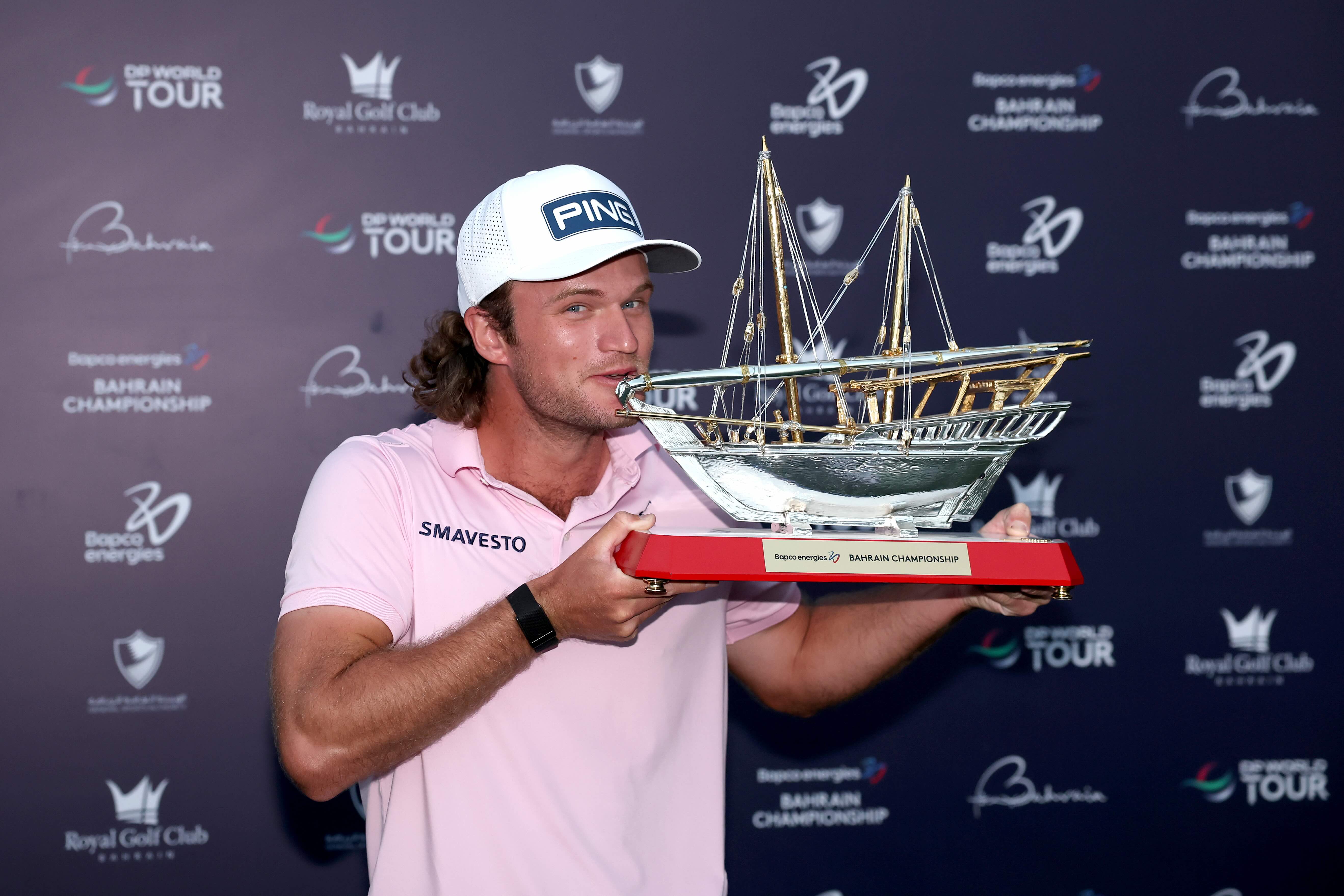 Freddy Schott of Germany trophy poses with the trophy celebrates winning the Bahrain Championship 2026 at Royal Golf Club. (Getty Images Europe)