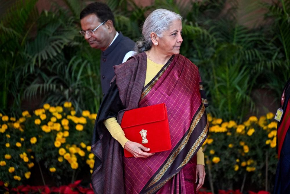 India’s Finance Minister Nirmala Sitharaman leaves the Finance Ministry office to present the annual budget to the parliament at the Kartavya Bhawan in New Delhi on Feb. 1, 2026. (AFP)