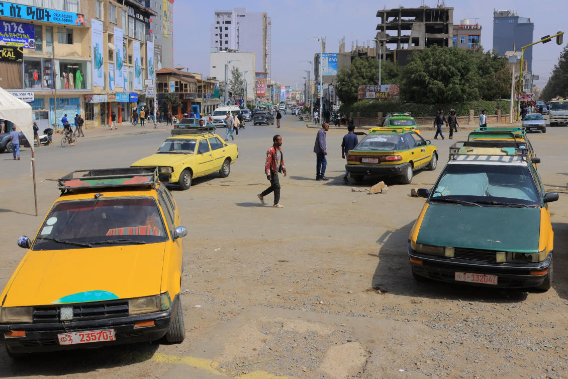 Local taxis are parked in an open field as concerns grow over possible renewed fighting between federal and regional forces in Mekele, in Ethiopia’s northern Tigray region, Jan. 31, 2026. (AP Photo)