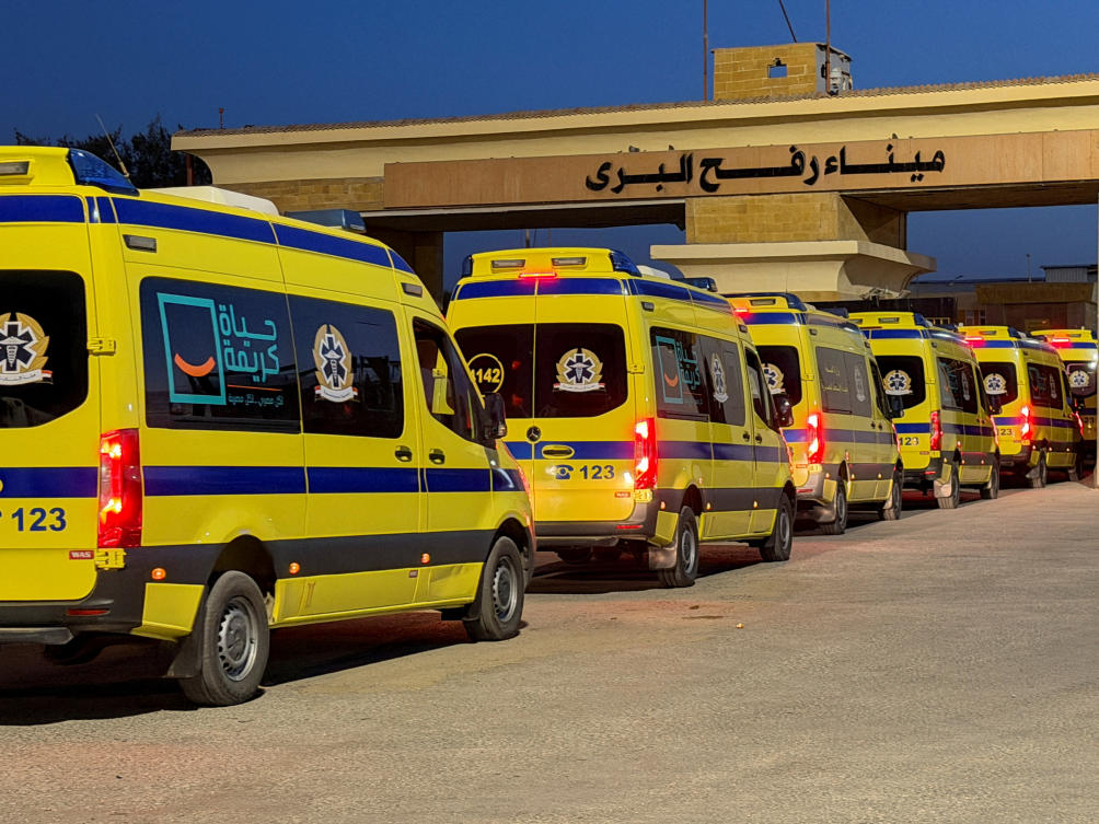 Egyptian ambulances line up at the Rafah border with the Gaza Strip on the Egyptian side, following the first day Israel reopened the border for people on foot, Feb. 2, 2026. (Reuters)
