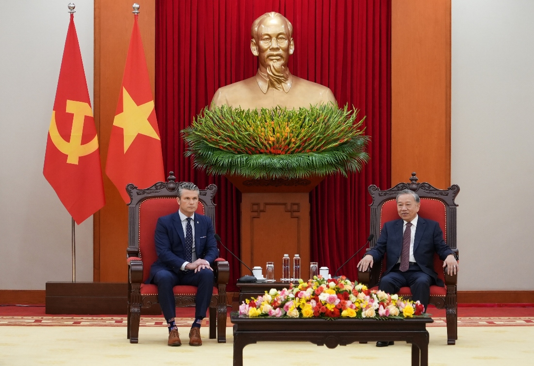 U.S. Defense Secretary Pete Hegseth and General Secretary of Vietnam's Communist Party To Lam talk during a meeting in Hanoi, Vietnam. (AP)